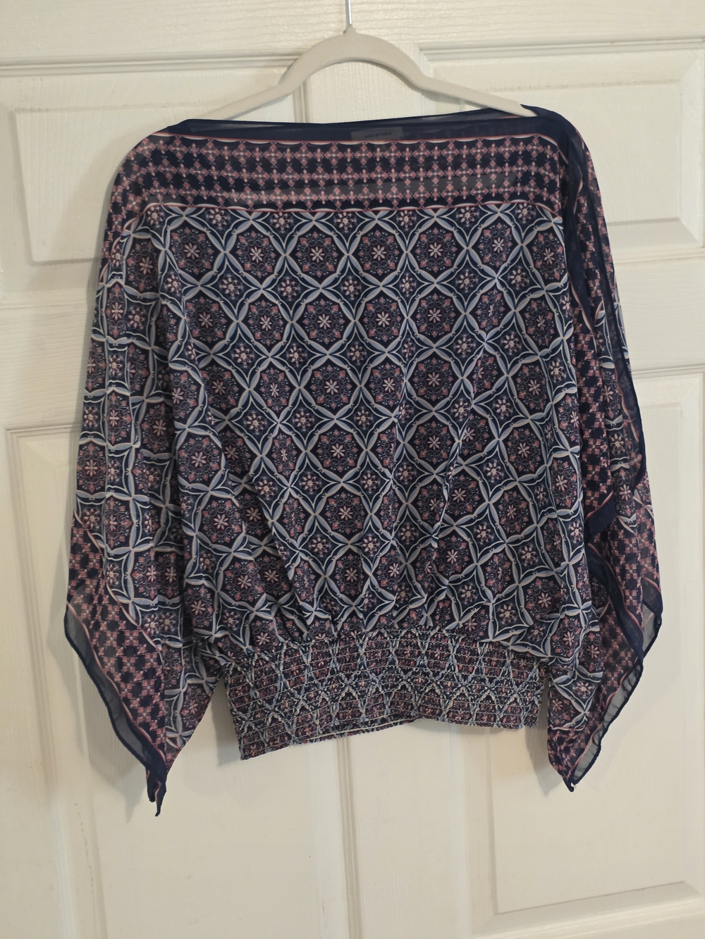 Max Studio Navy and Blush Geometric Batwing Tunic